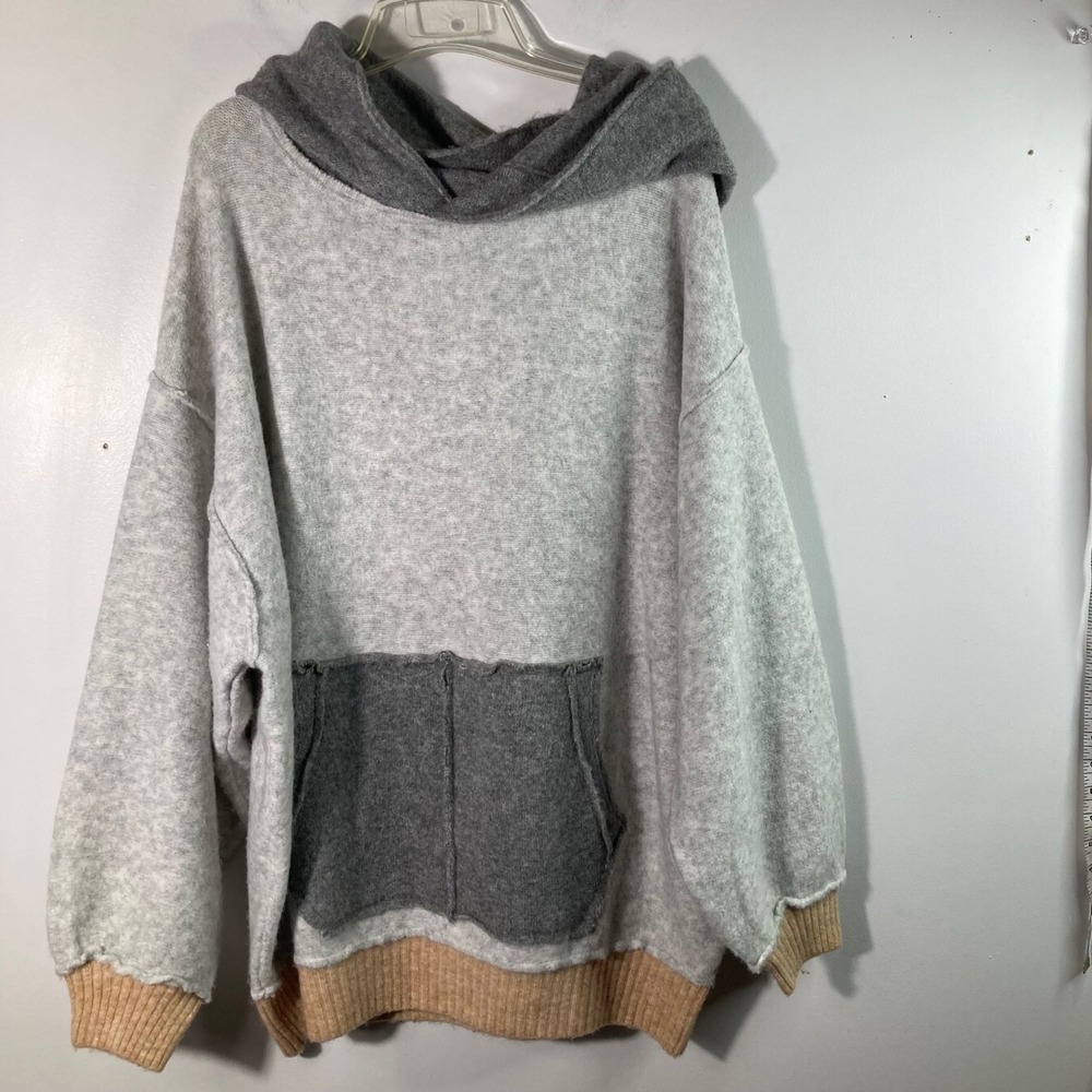 Womens Free People Significant Other Hooded Sweater Gray Tan L